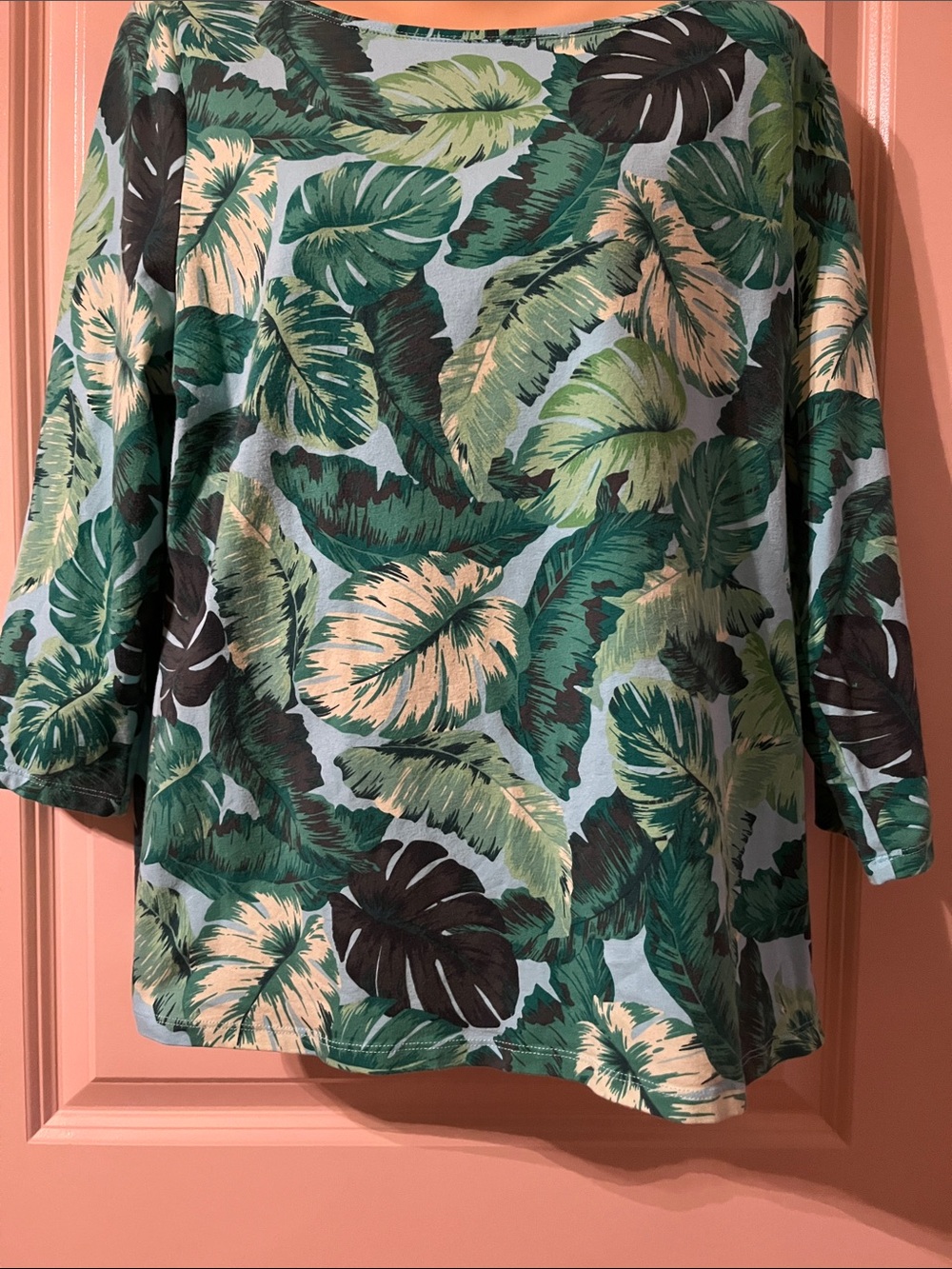 Talbots Green Tropical Leaf Boatneck 3/4 Sleeve Isle Fronds Tshirt, size PXL - Picture 2 of 4